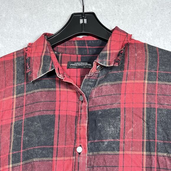 Zara Shirt Womens Medium Red & Black Plaid Button Up High Low Stud Accent Ruffle - Picture 2 of 11